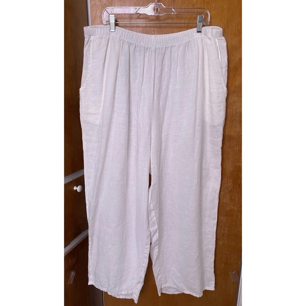 FLAX LINEN White Pull On Wide Leg Crop Pants Plus Size 3G Lagenlook Boho Relaxed